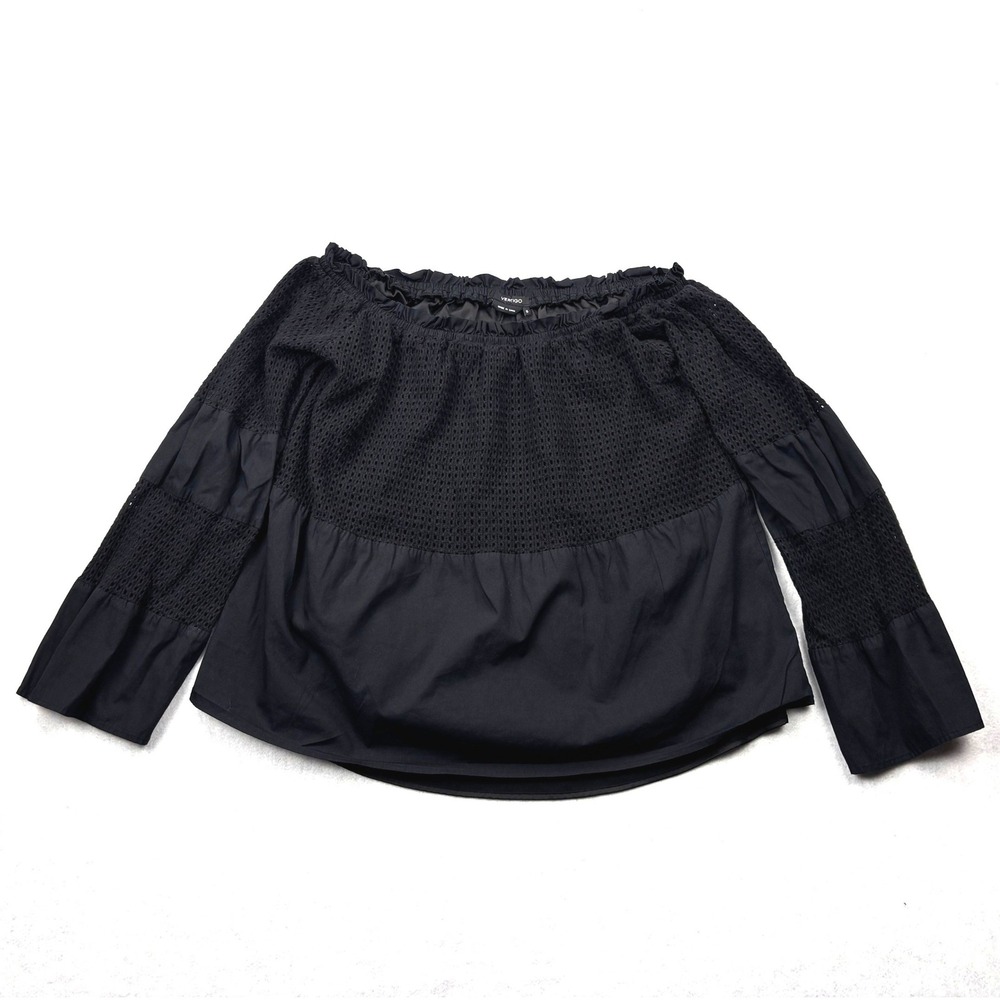 Vertigo Top Womens Small Black Smocked Off Shoulder Bell Sleeve Blouse Peasant